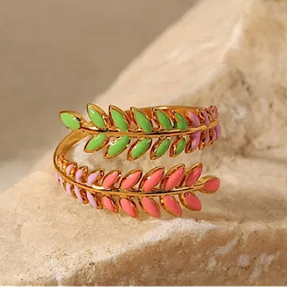 Gold Plated Leaf Design Multicolor Bangle Bracelet Ring Set - Picture 4 of 15